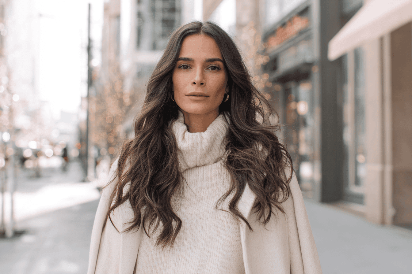 Woman wearing a white turtleneck sweater and coat in a wintry city