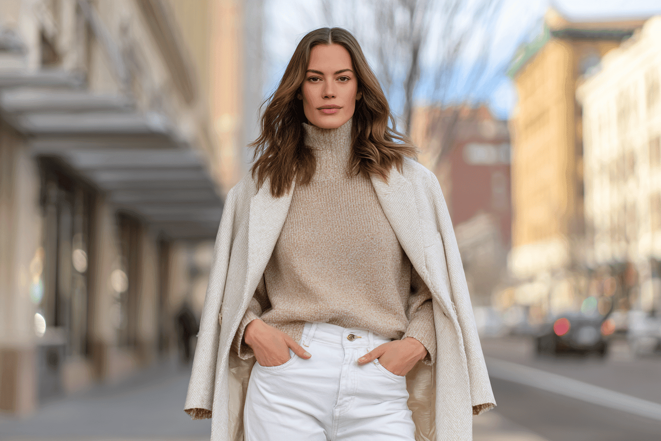 Woman wearing white jeans, beige sweater, and light coat in the city.