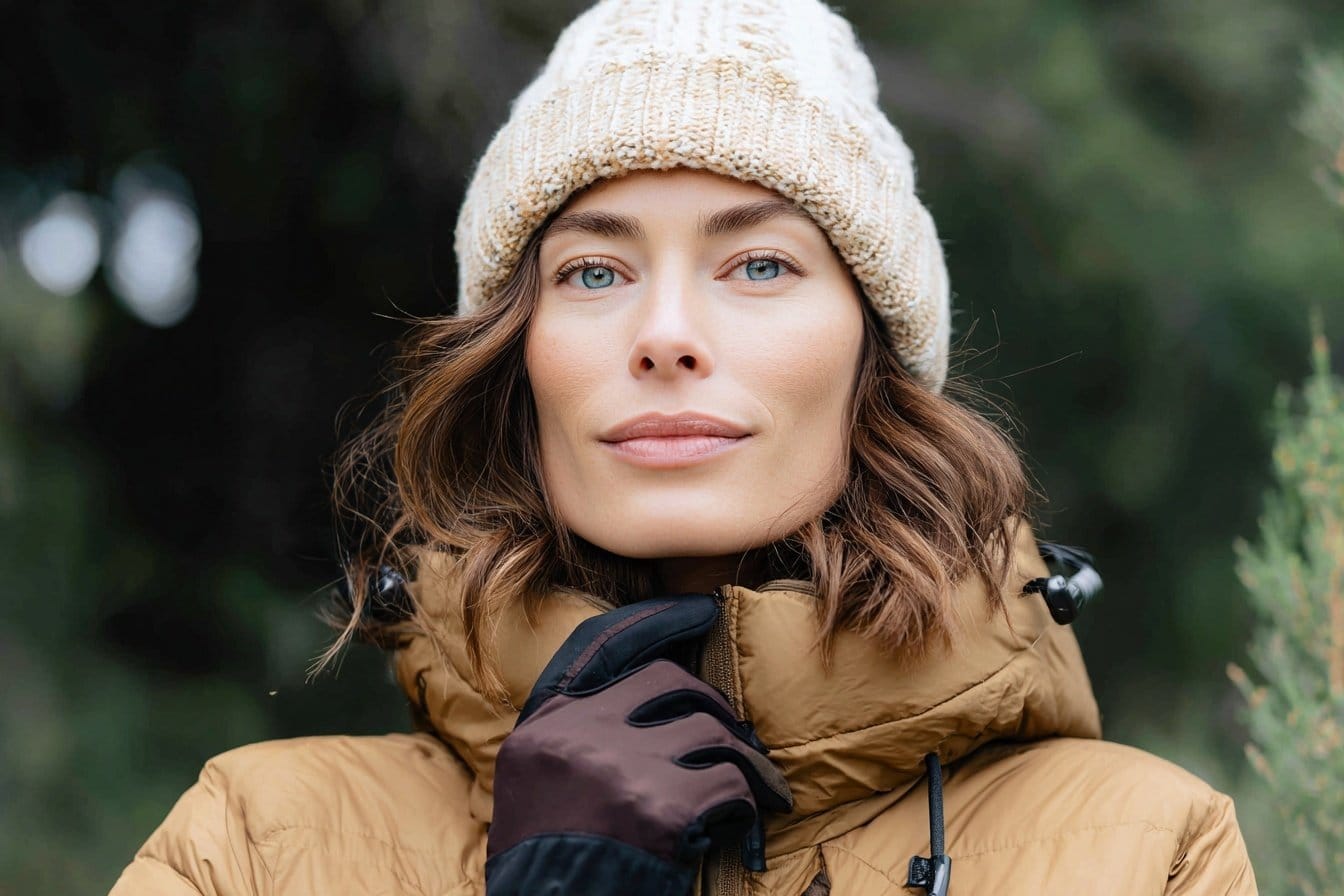 Woman wearing a beige knitted hat and a brown down jacket
