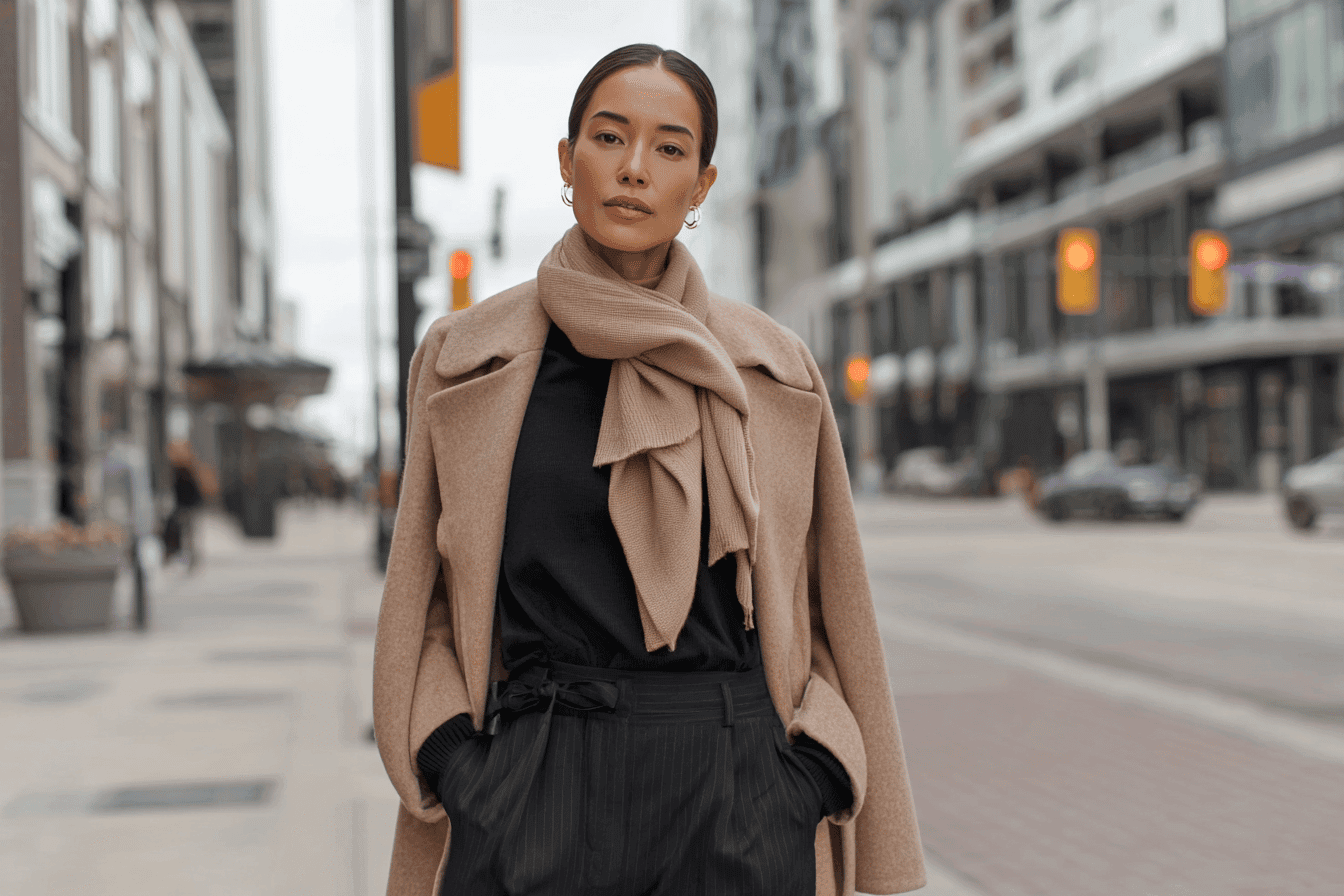 Woman in a beige coat and scarf on a winter city street