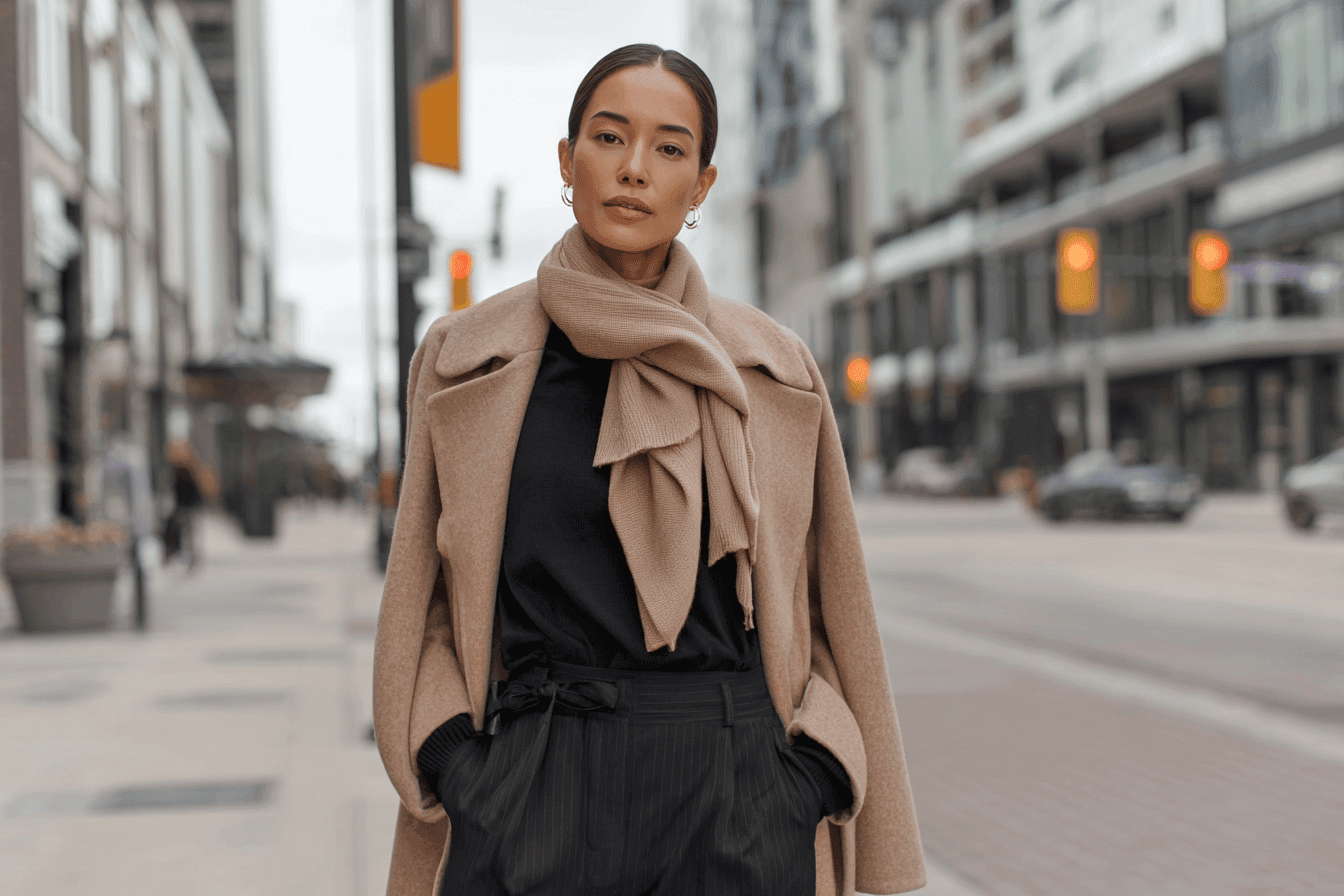 Woman in a beige coat and scarf on a winter city street