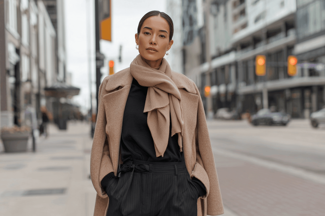 Woman in a beige coat and scarf on a winter city street