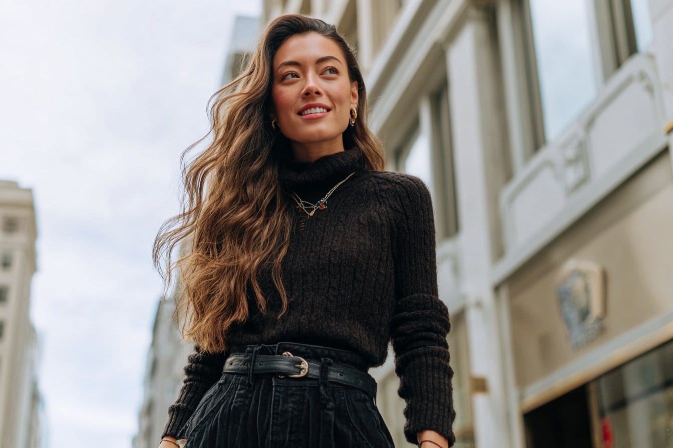 Frau trägt schwarzen Pullover und schwarze Jeansrock-Kombination im Winter