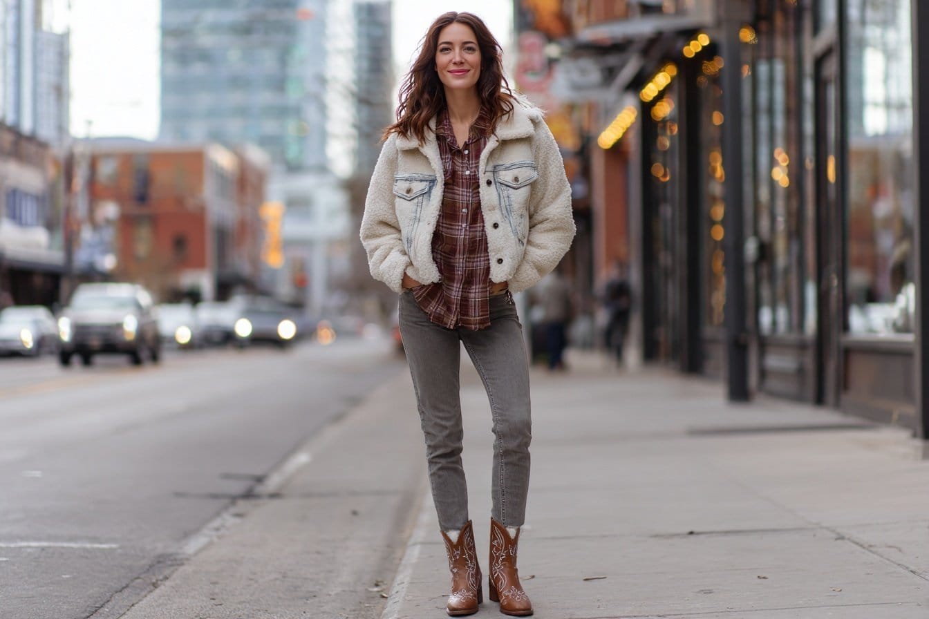 Frau in Winter Country Outfit mit Jeansjacke, Karohemd und Cowboy Boots