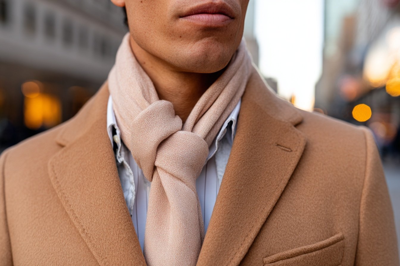 Nahaufnahme eines beigen Mantels mit passendem Schal