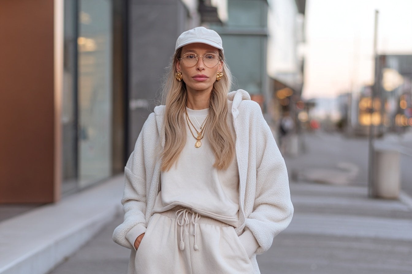 Frau in cremefarbenem Joggers Outfit mit Kapuzenjacke und Mütze im Winter