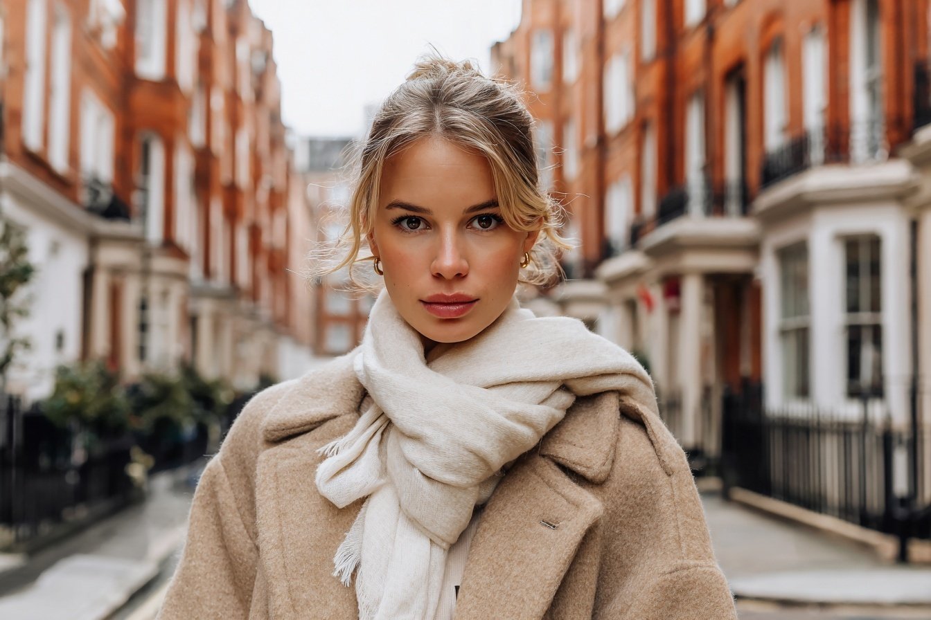 Frau mit beigem Mantel und weißem Schal auf Londons Straße